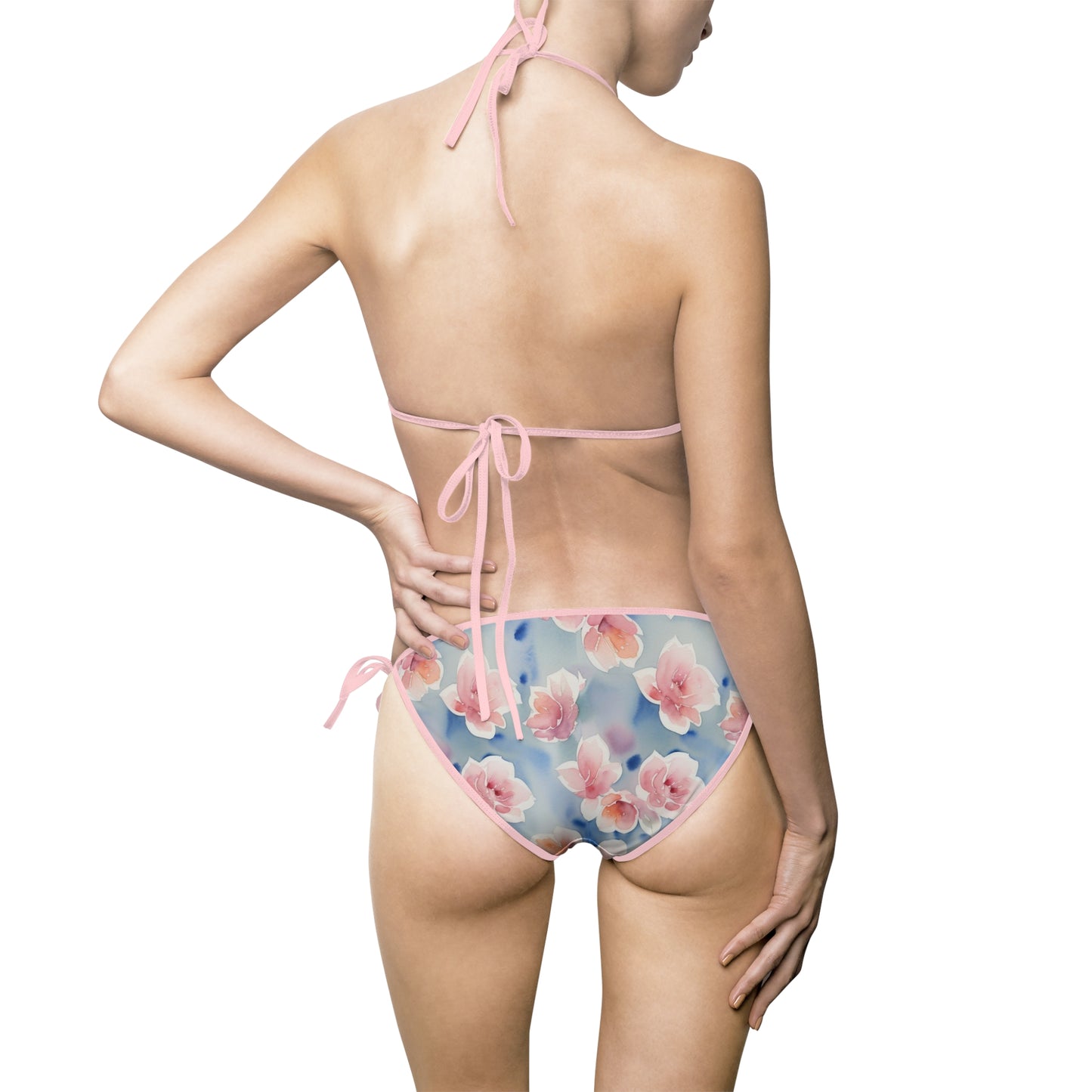 Floral Bikini Swimsuit, Pink on Blue, Women's Summer Swimwear by TokyoBill