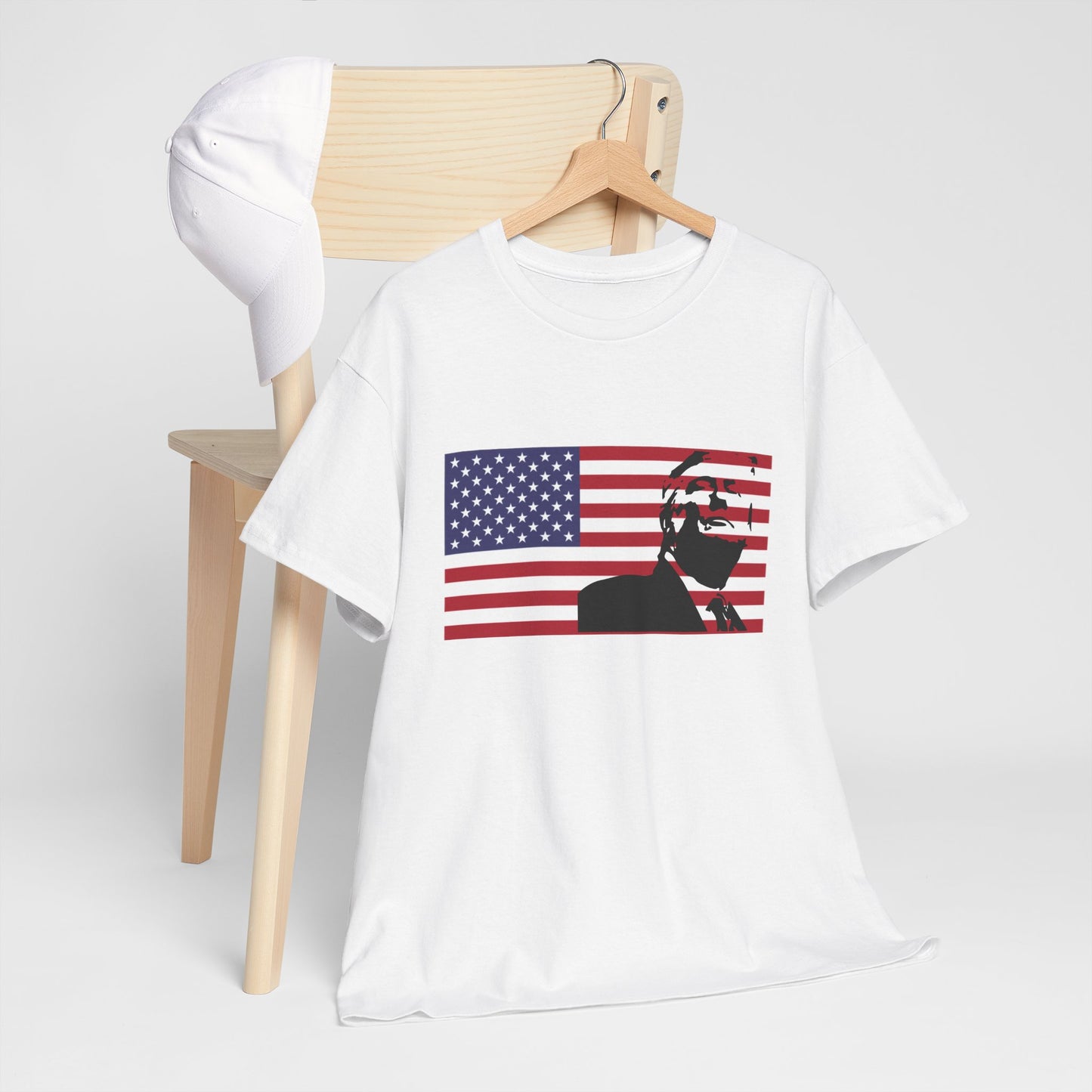 Patriotic white tee, Trump with U.S.A. flag, by TokyoBill