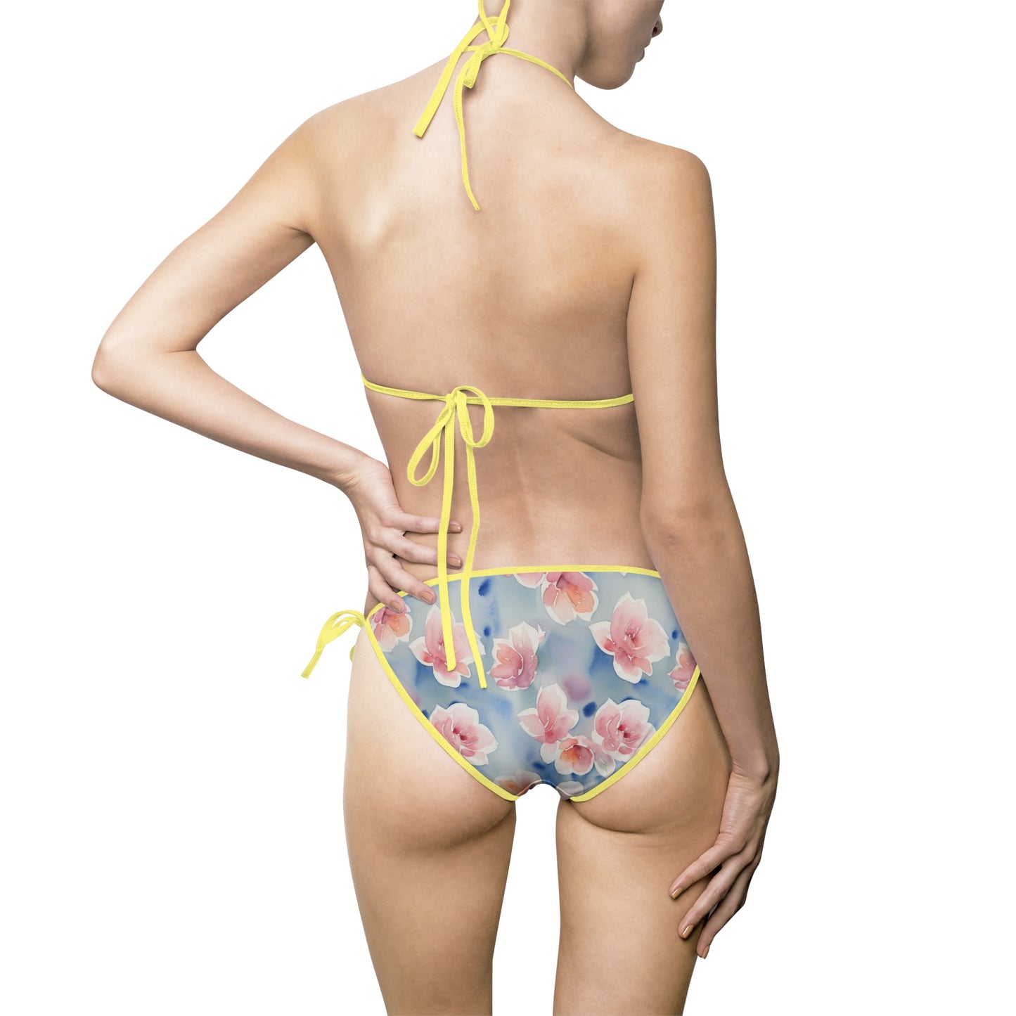 Floral Bikini Swimsuit, Pink on Blue, Women's Summer Swimwear by TokyoBill