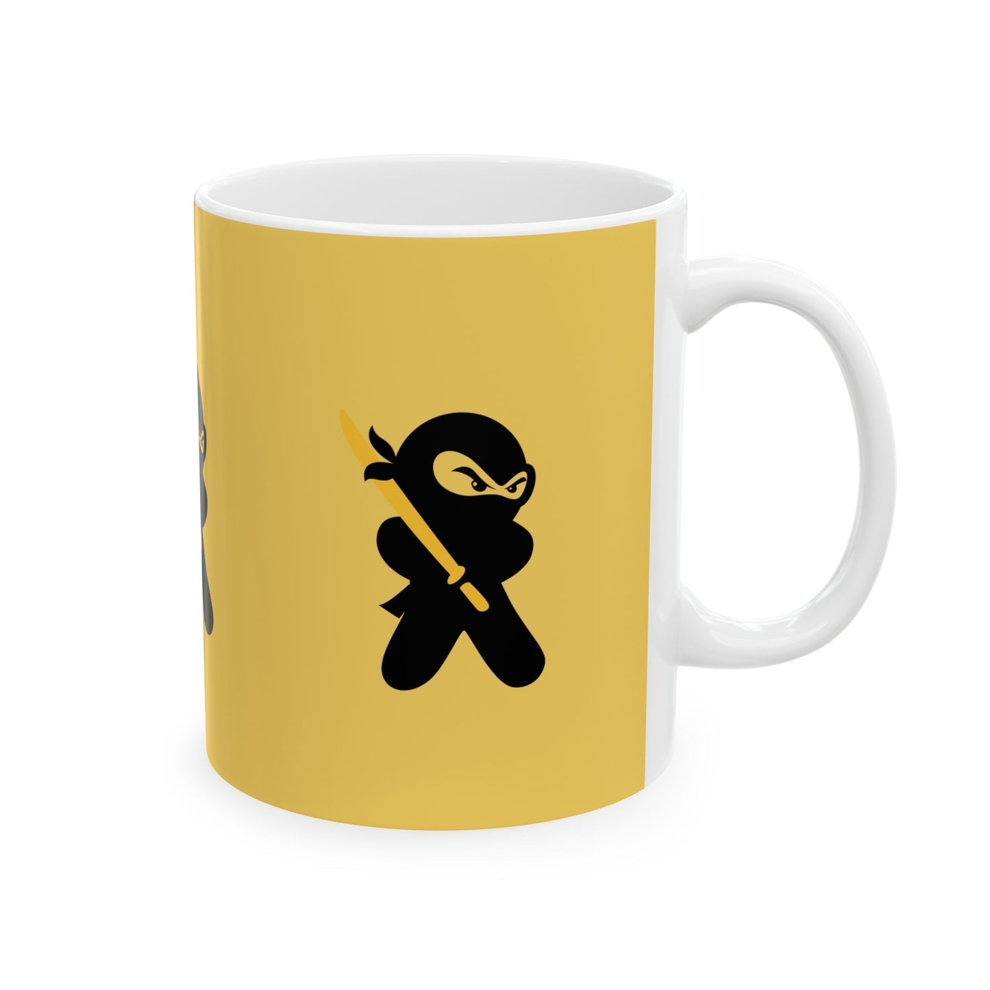 Yellow over White Ceramic Coffee/Tea Mug (11 oz) with Ninjas, by TokyoBill