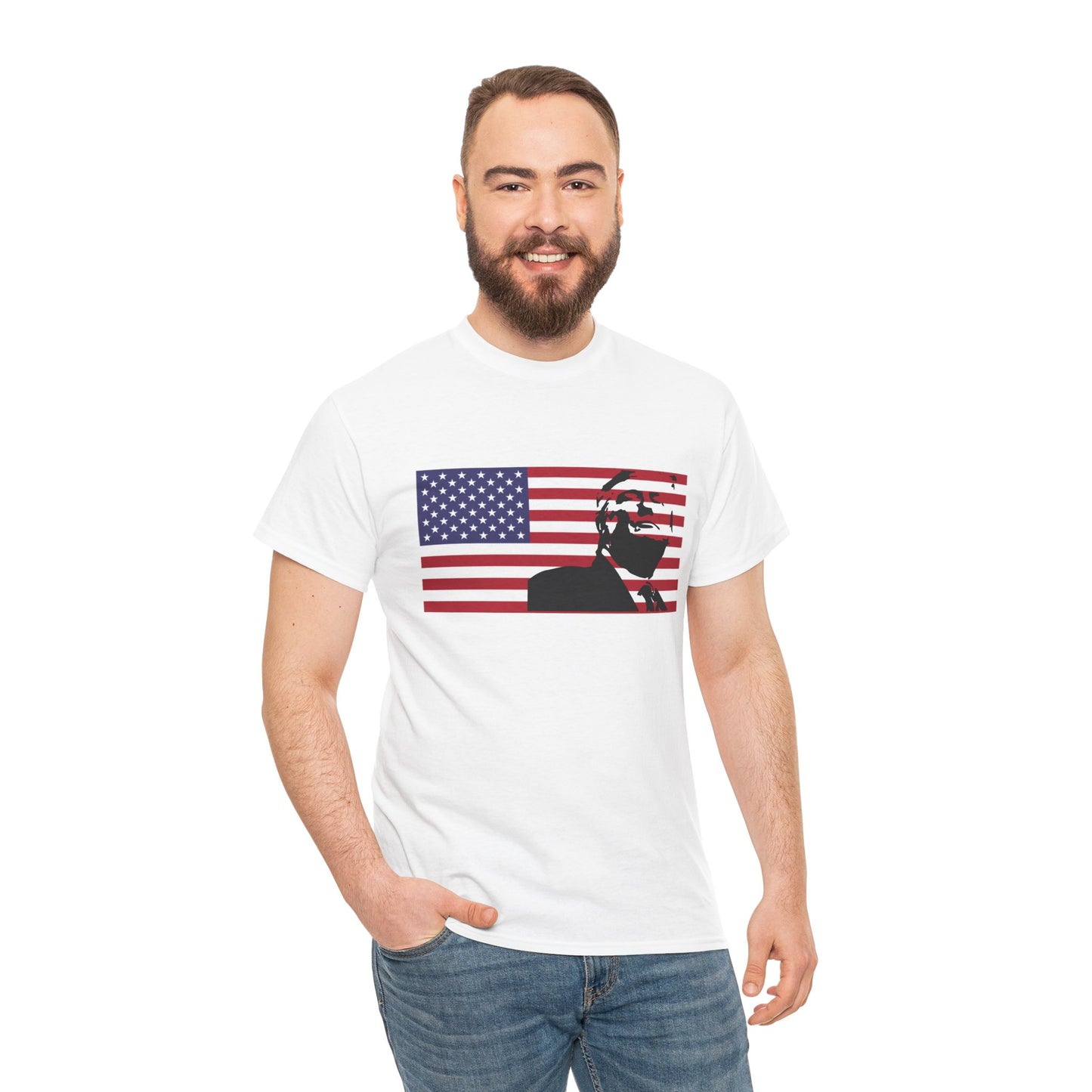Patriotic white tee, Trump with U.S.A. flag, by TokyoBill