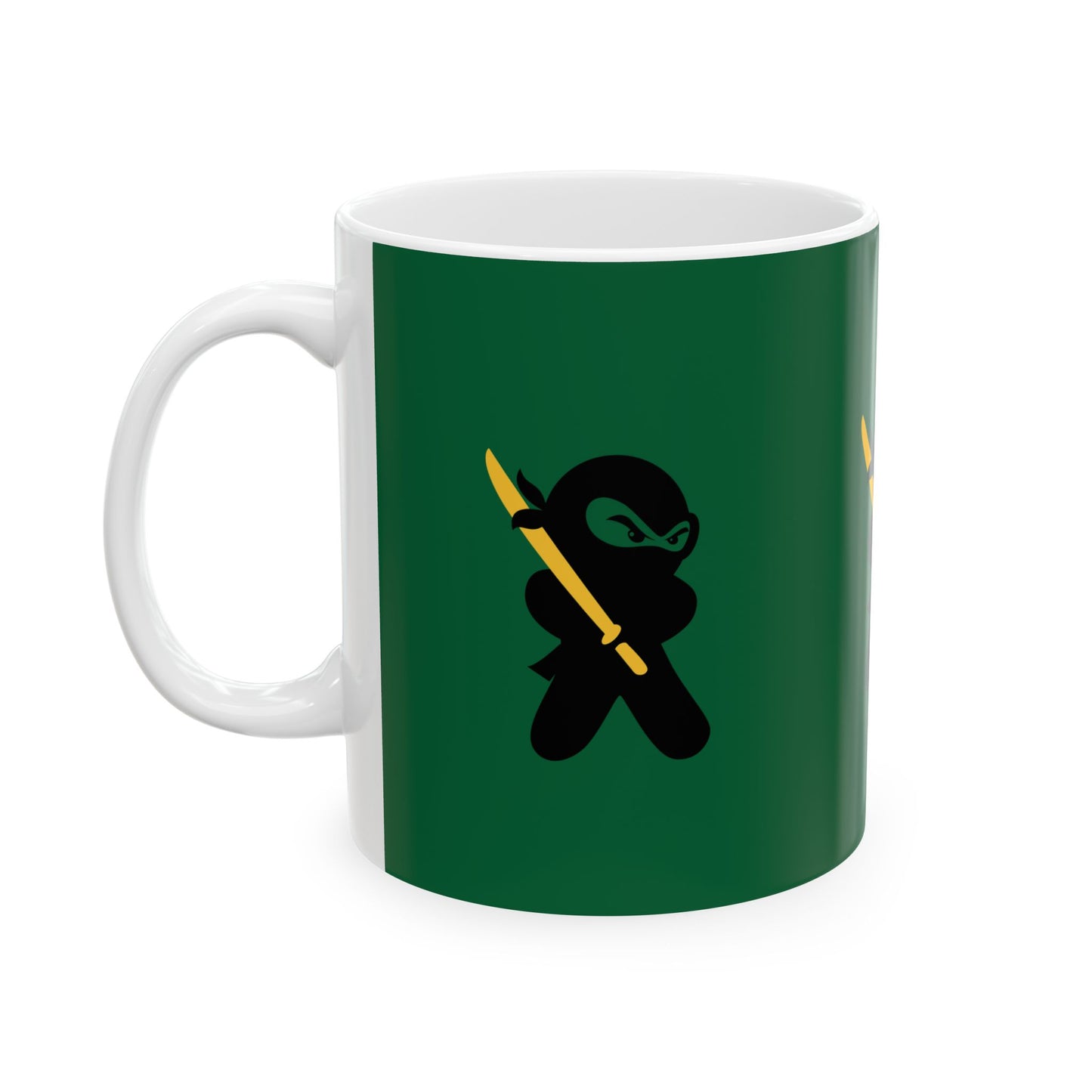 Green over White Ceramic Coffee/Tea Mug (11 oz) with Ninjas, by TokyoBill