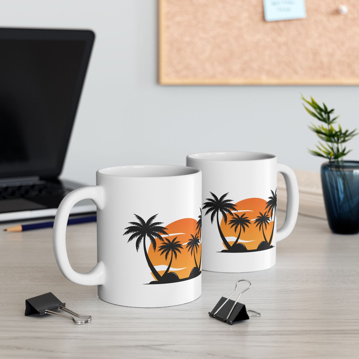 White Mug (11 oz) with Palm Trees & Setting Sun, by TokyoBill
