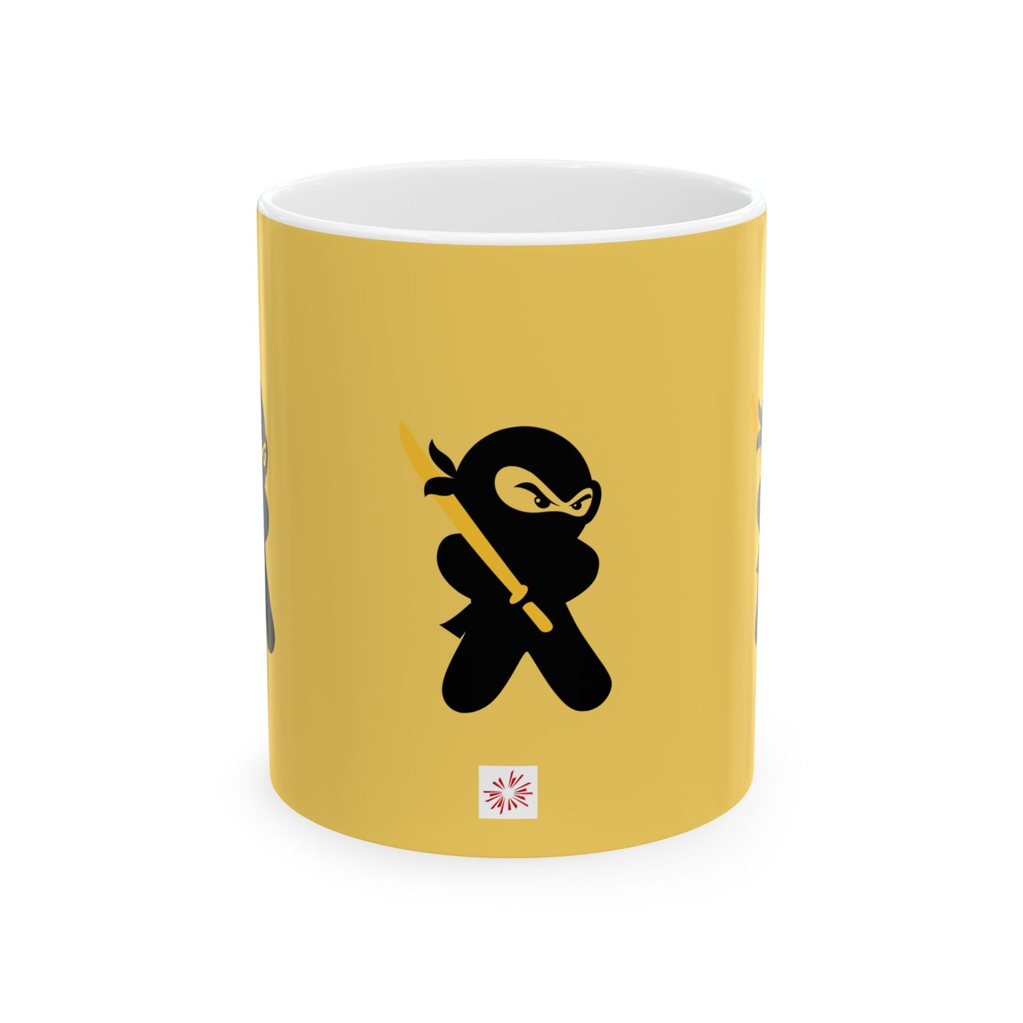 Yellow over White Ceramic Coffee/Tea Mug (11 oz) with Ninjas, by TokyoBill