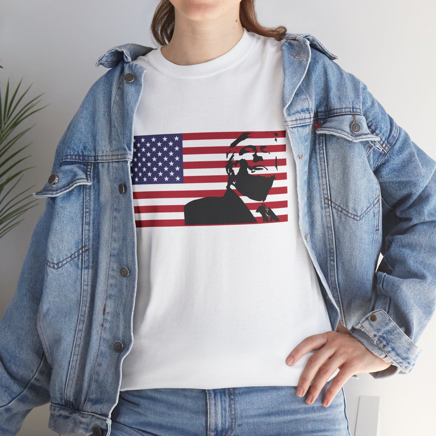 Patriotic white tee, Trump with U.S.A. flag, by TokyoBill