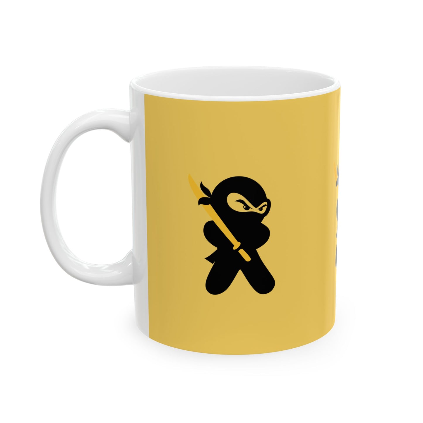 Yellow over White Ceramic Coffee/Tea Mug (11 oz) with Ninjas, by TokyoBill