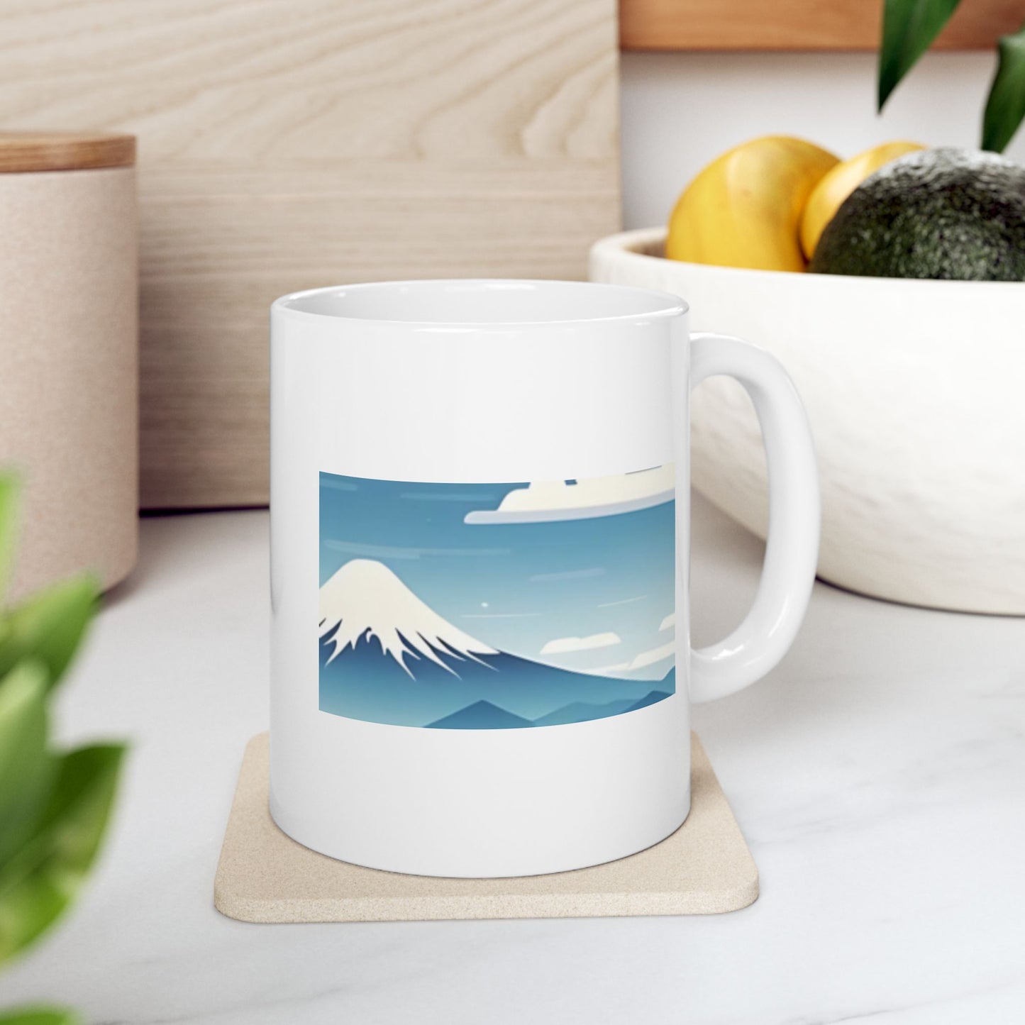 White Coffee Mug (11 oz) with Fuji Mountain & Clouds, by TokyoBill