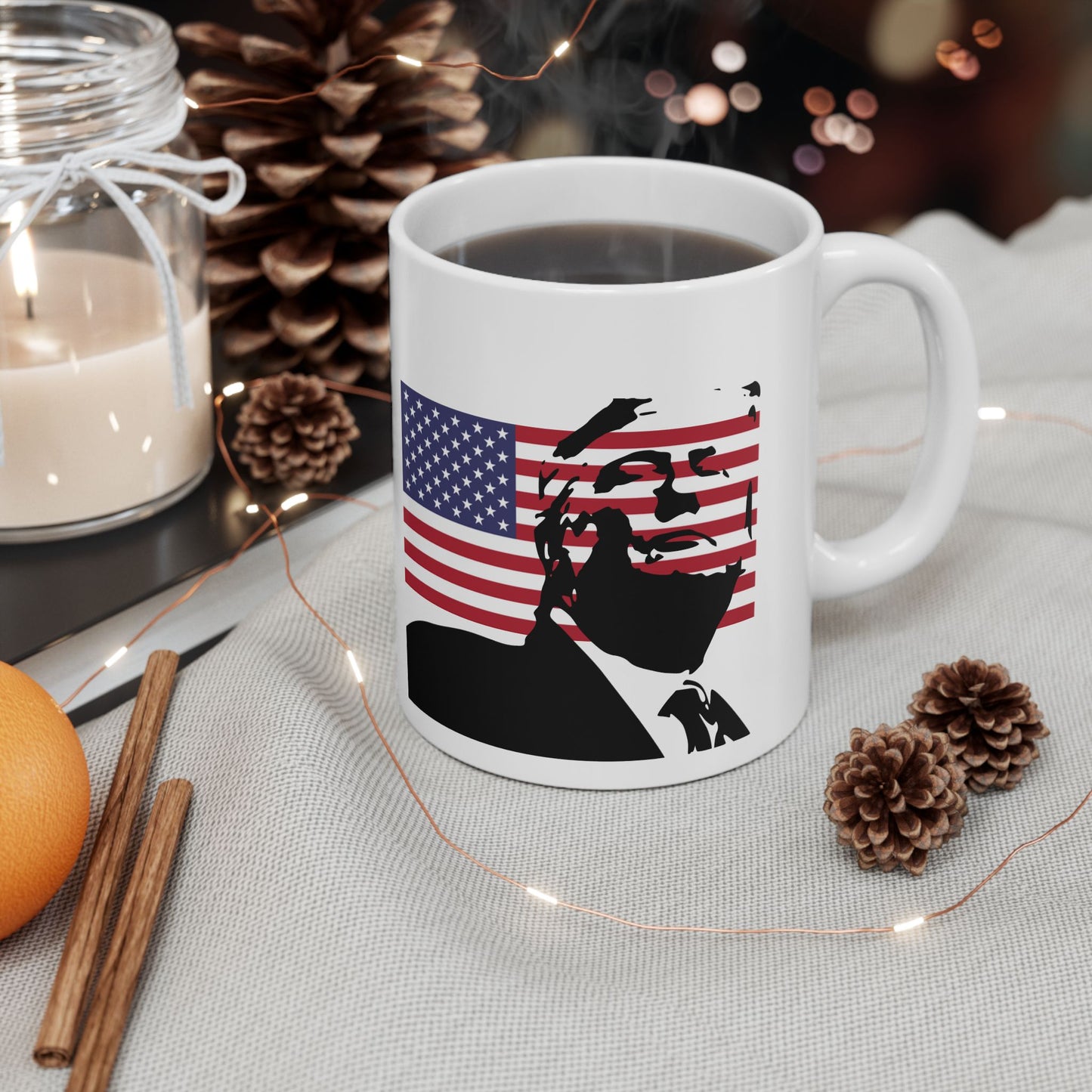 Patriotic Ceramic Mug - American Flag Design with Donald Trump, by TokyoBill