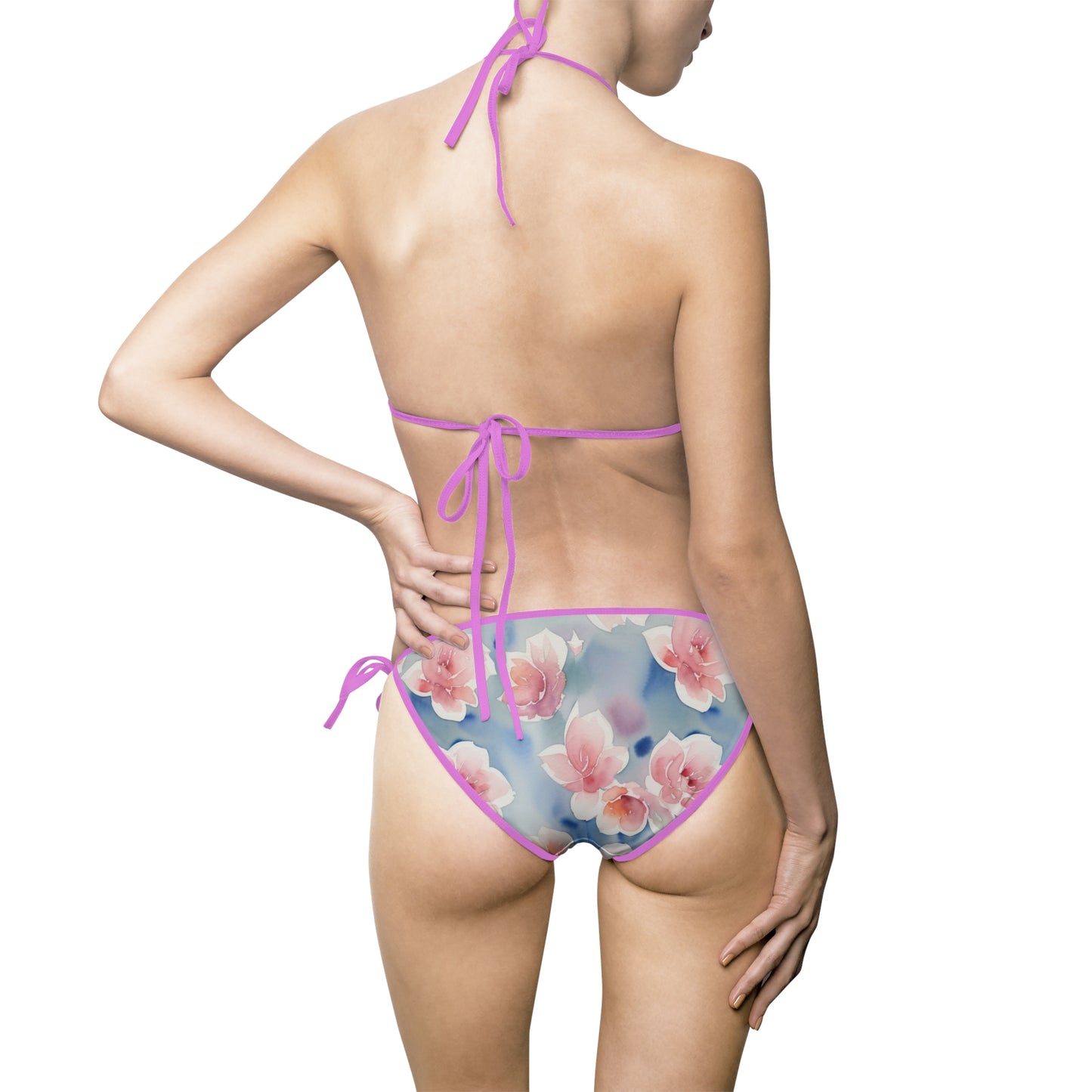 Floral Bikini Swimsuit, Pink on Blue, Women's Summer Swimwear by TokyoBill