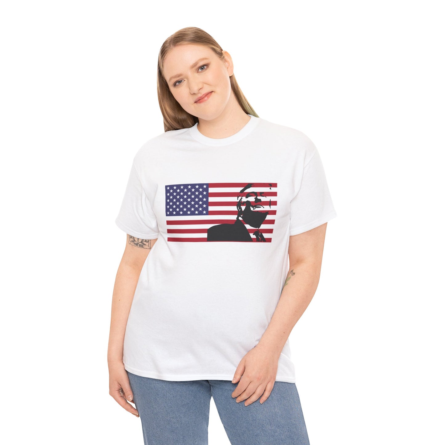 Patriotic white tee, Trump with U.S.A. flag, by TokyoBill