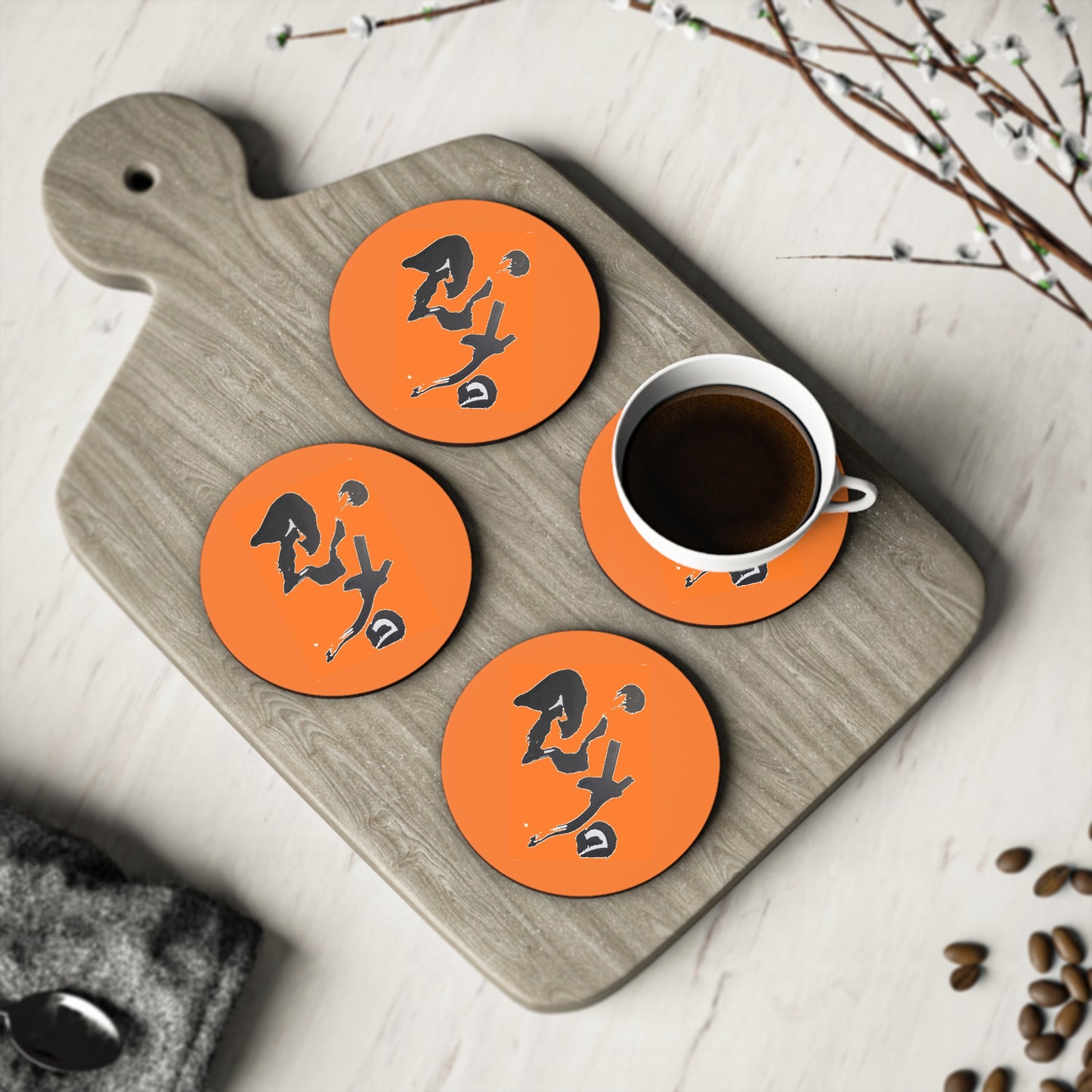Round Orange Coasters w/ 'Ninja' in kanji, by TokyoBill