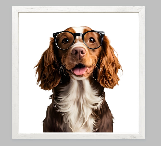 Reading Dogs Art Print | Dog Wearing Glasses Portrait | Funny Dog Wall Art | Cute Animal Print | Home Decor Gift | Brittany Spaniel