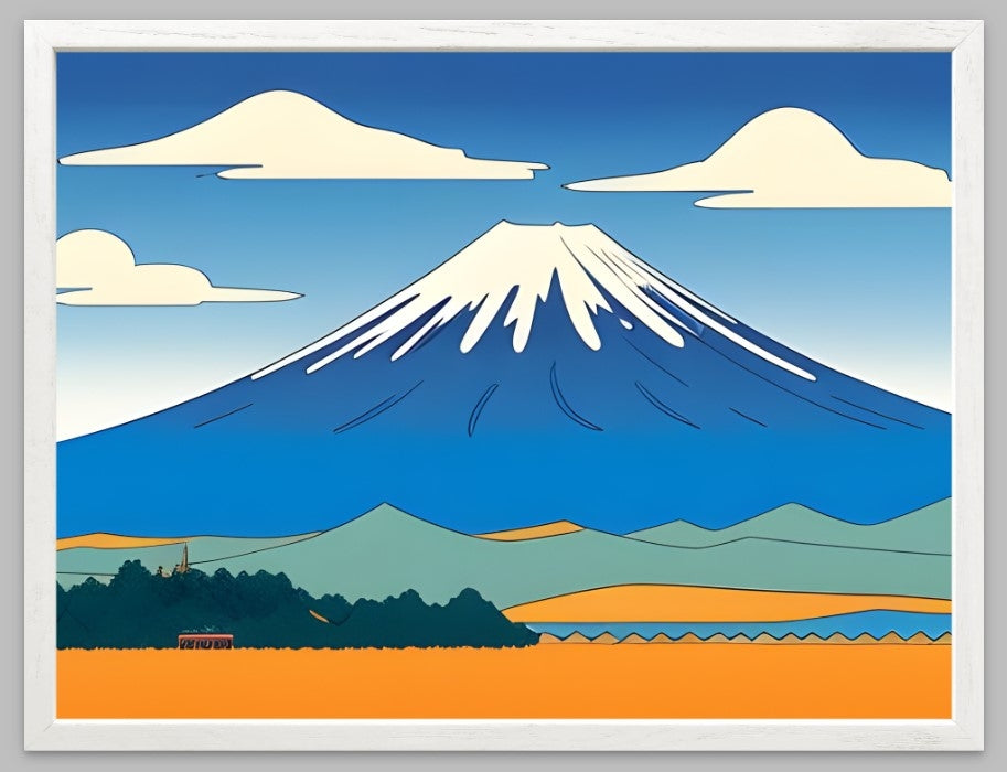 Mount Fuji Art Print | Manga Style Japan Landscape Wall Art | Illustrated Japanese Mountain Poster | Golden Countryside Print