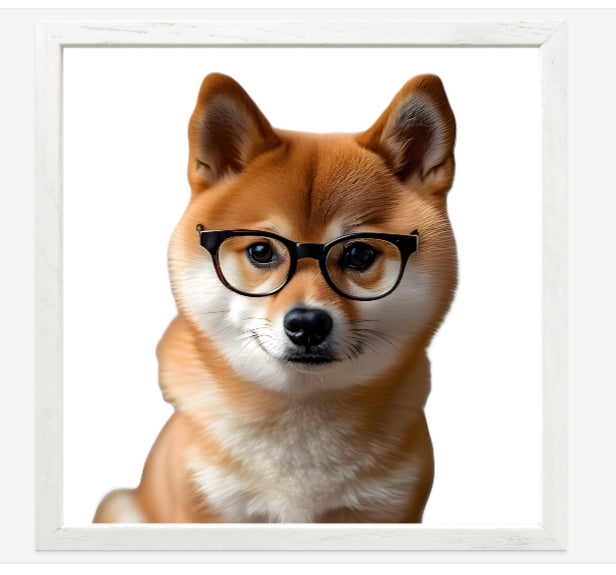 Shiba Inu Wearing Glasses Wall Art | Dog Portrait Print | Nursery or Office Decor | Pet Lover Gift