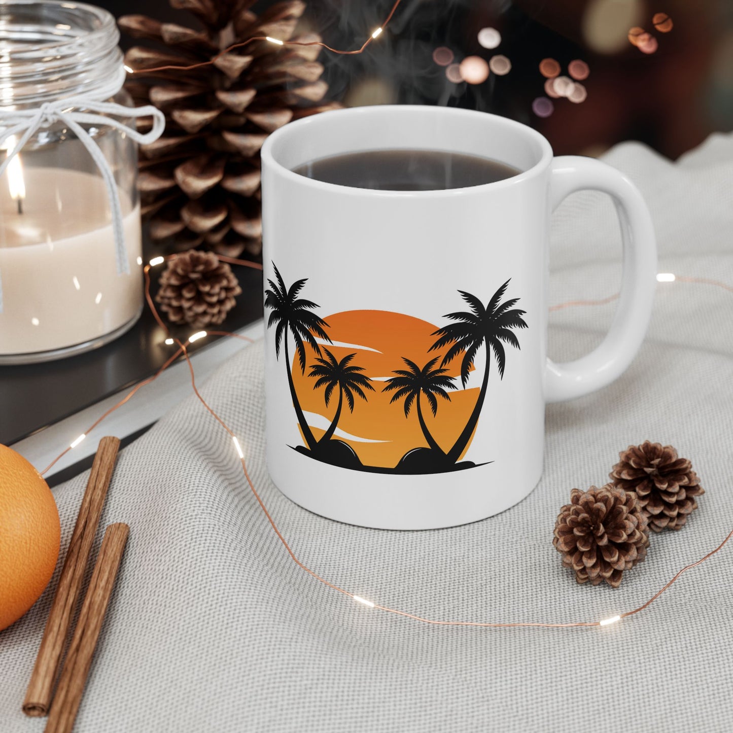 White Mug (11 oz) with Palm Trees & Setting Sun, by TokyoBill