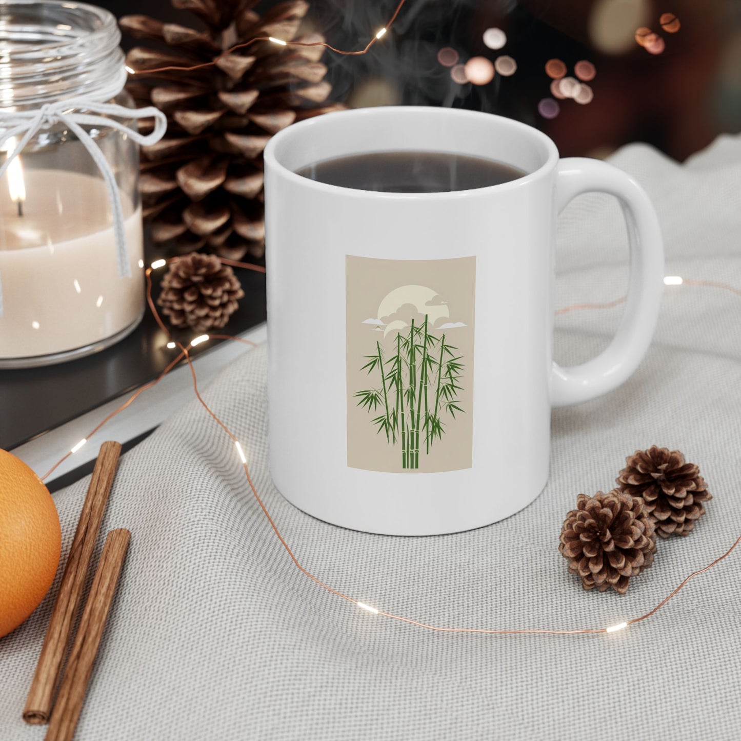 White Coffee Mug (11 oz) with Bamboo & Clouds, by TokyoBill