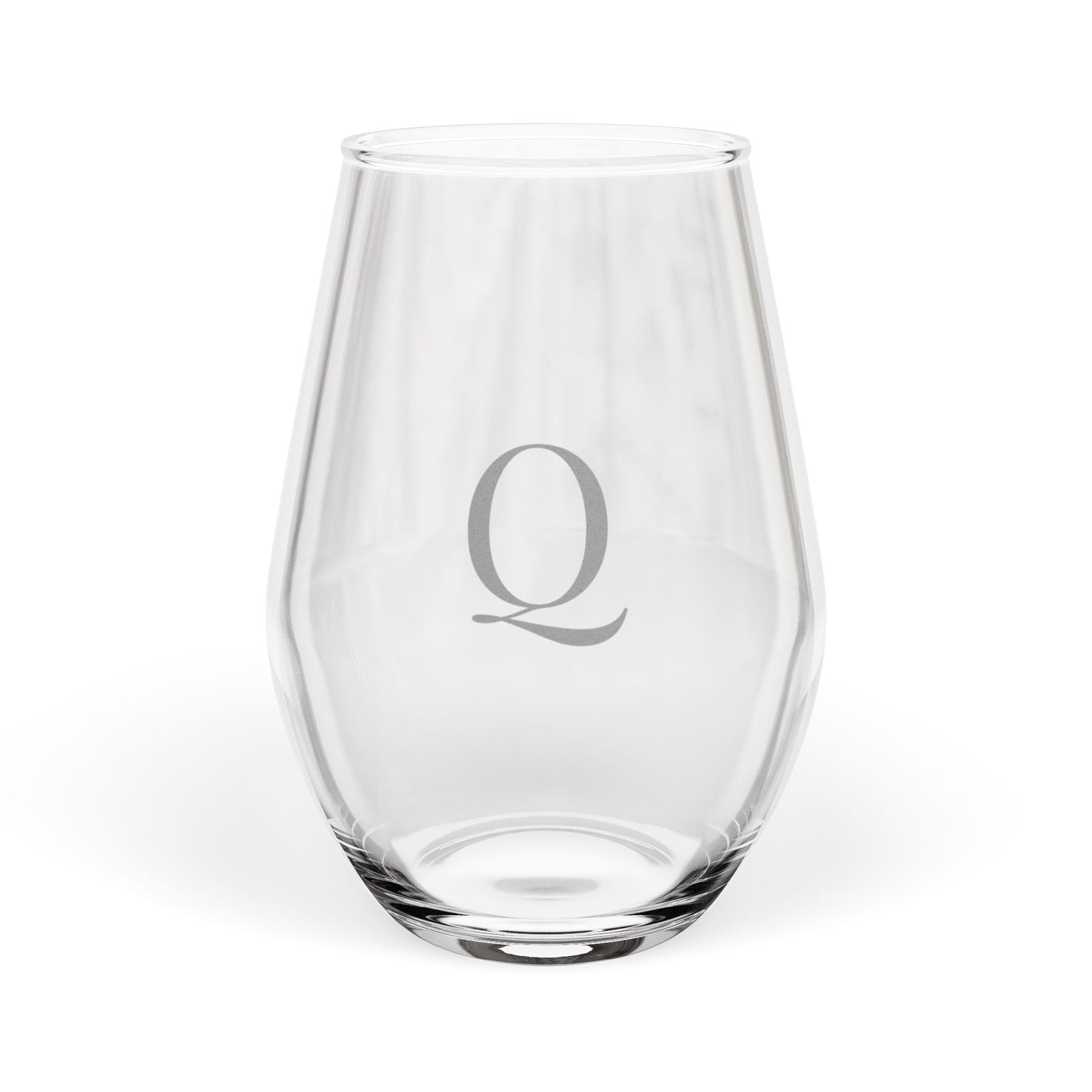 Stemless 11.75oz Wine Glass w/Letter Q monogram initial, by TokyoBill