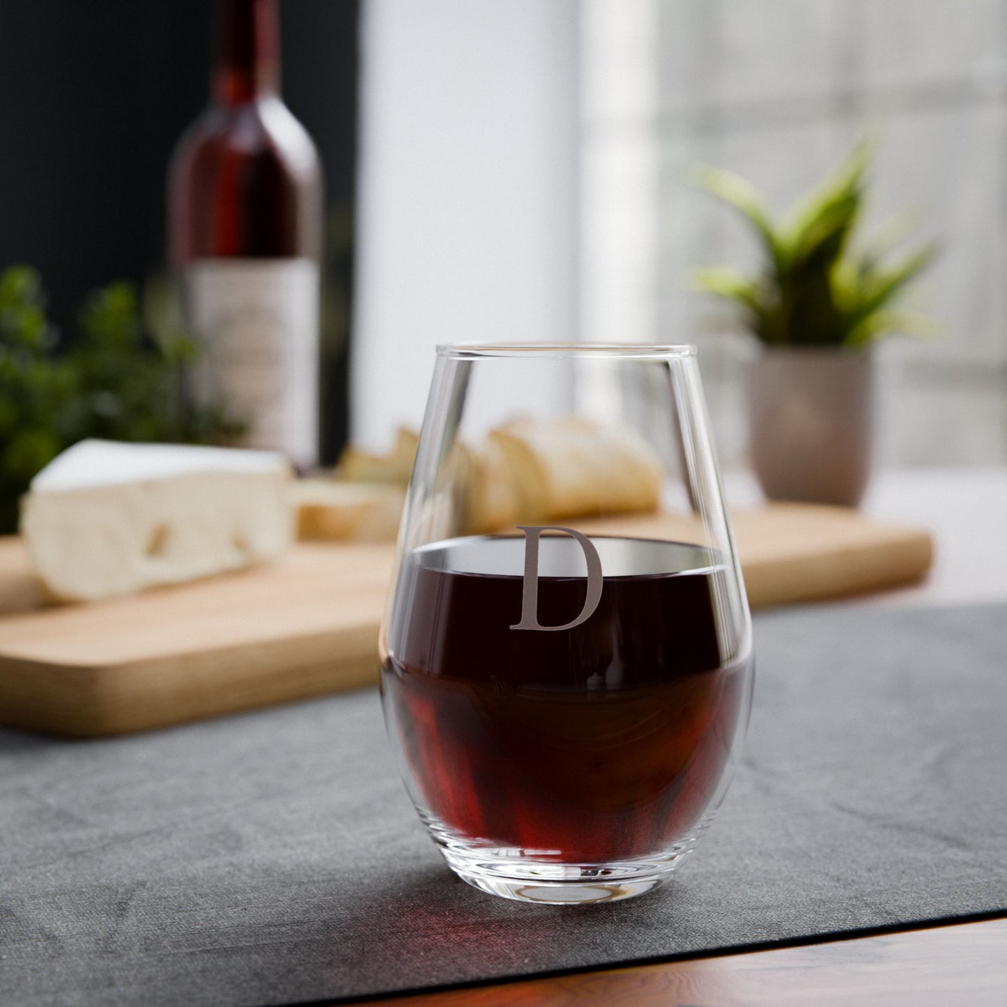 Stemless 11.75oz Wine Glass w/Letter D monogram initial, by TokyoBill