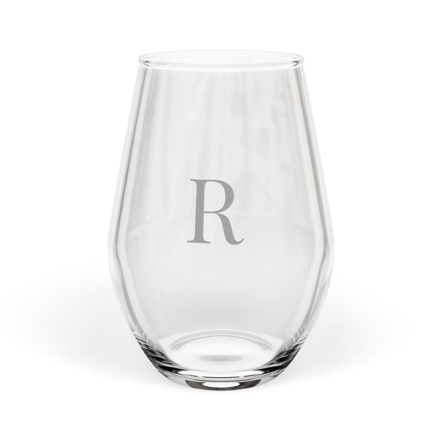 Stemless 11.75oz Wine Glass w/Letter R monogram initial, by TokyoBill