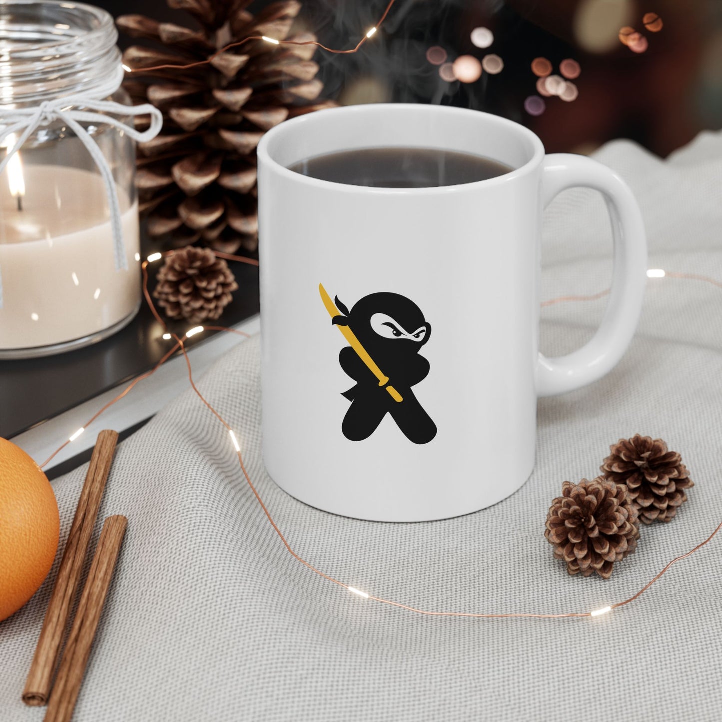 White Ceramic Coffee/Tea Mug (11 oz) with Ninjas, by TokyoBill