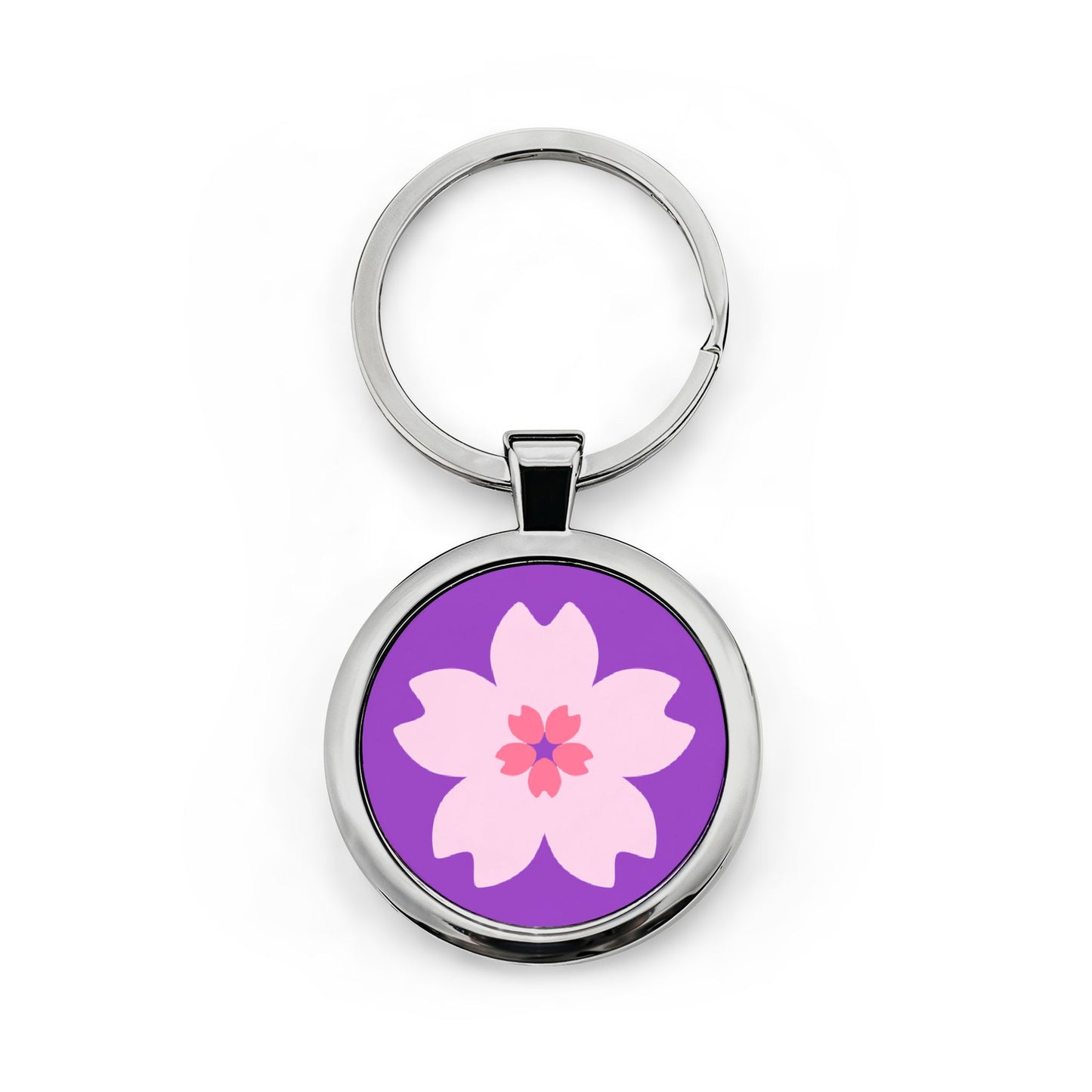 Pink Cherry Blossom on violet Round Keychain | Stainless Steel