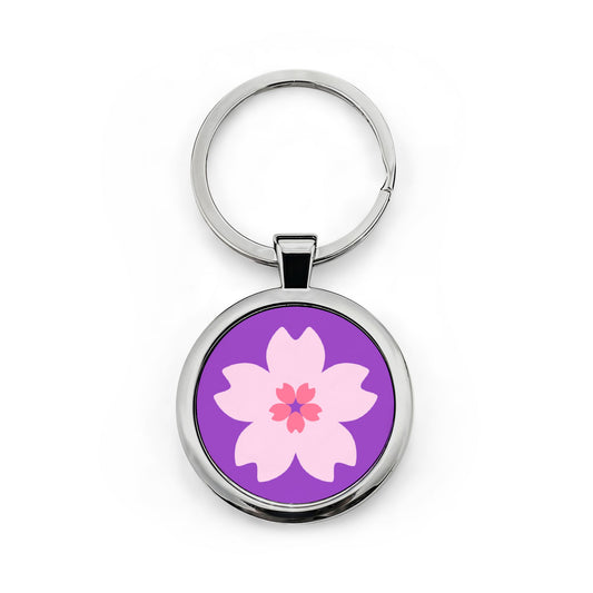 Pink Cherry Blossom on violet Round Keychain | Stainless Steel