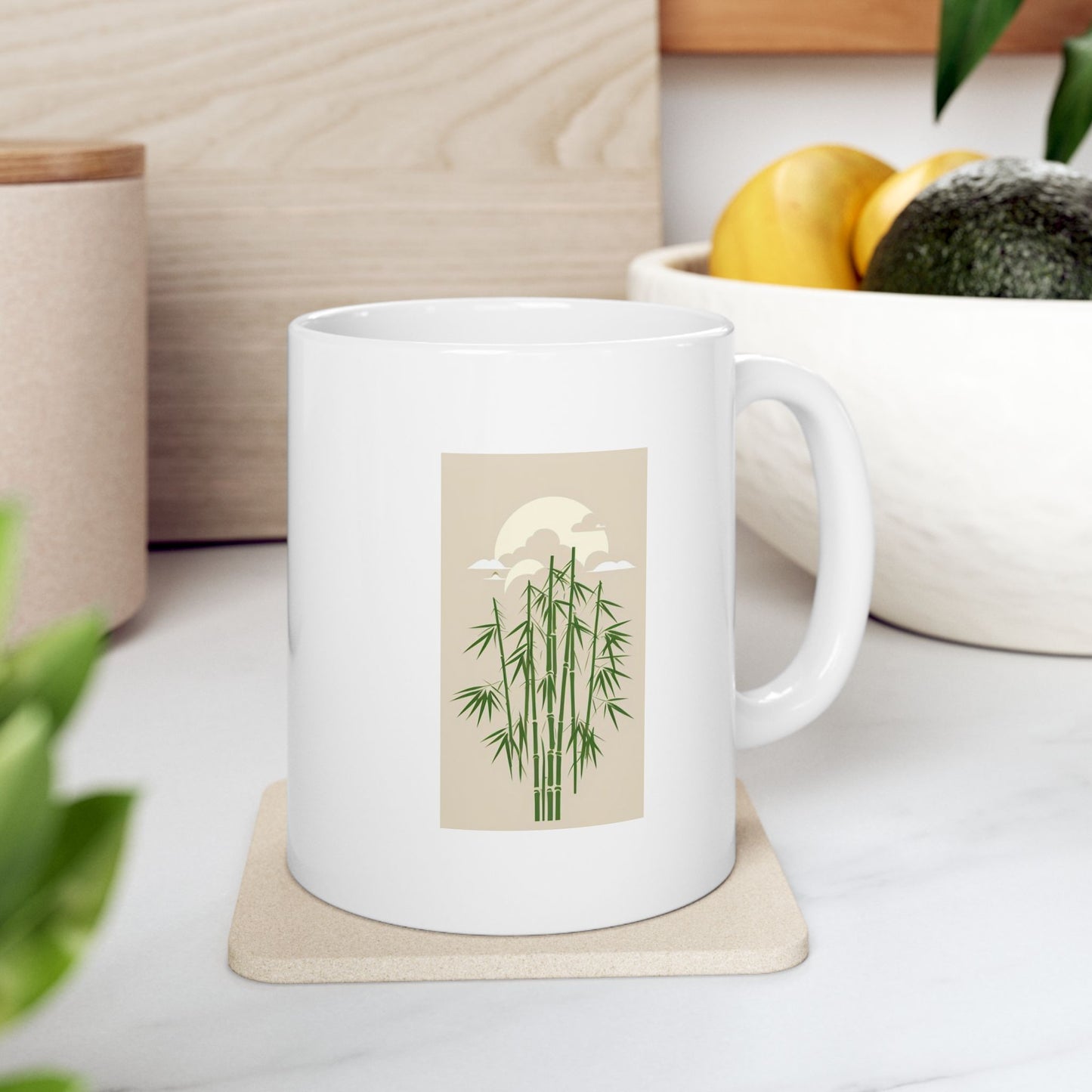 White Coffee Mug (11 oz) with Bamboo & Clouds, by TokyoBill