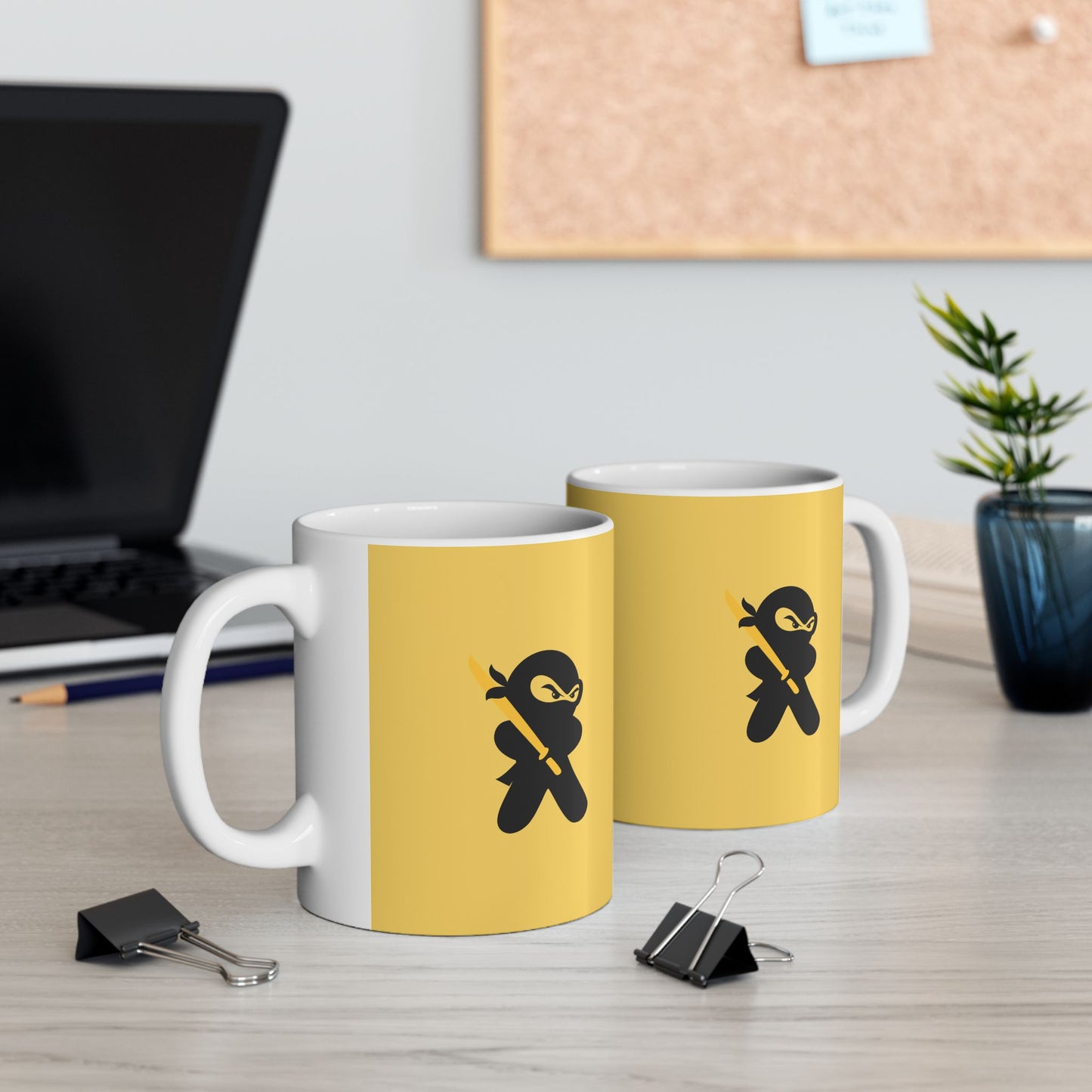 Yellow over White Ceramic Coffee/Tea Mug (11 oz) with Ninjas, by TokyoBill