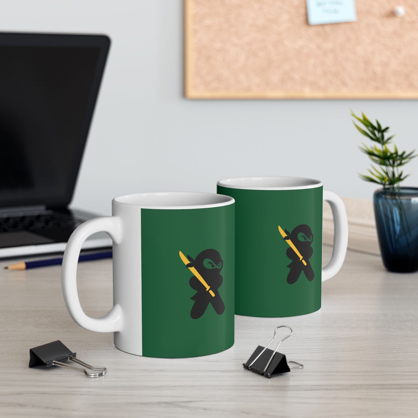 Green over White Ceramic Coffee/Tea Mug (11 oz) with Ninjas, by TokyoBill