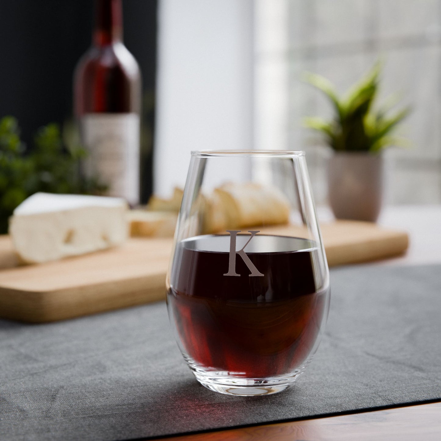 Stemless 11.75oz Wine Glass w/Letter K monogram initial, by TokyoBill