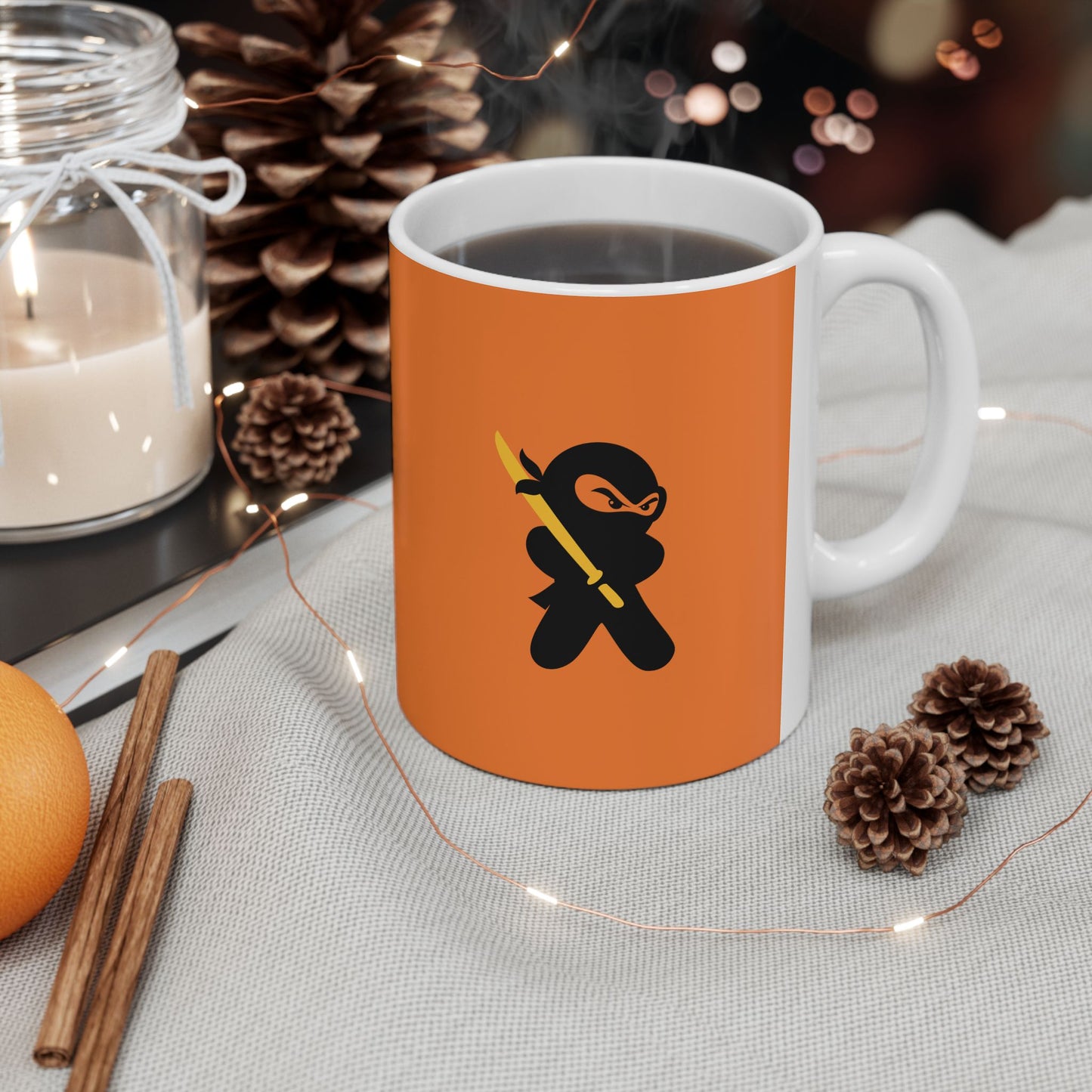 Orange over White Ceramic Coffee/Tea Mug (11 oz) with Ninjas, by TokyoBill
