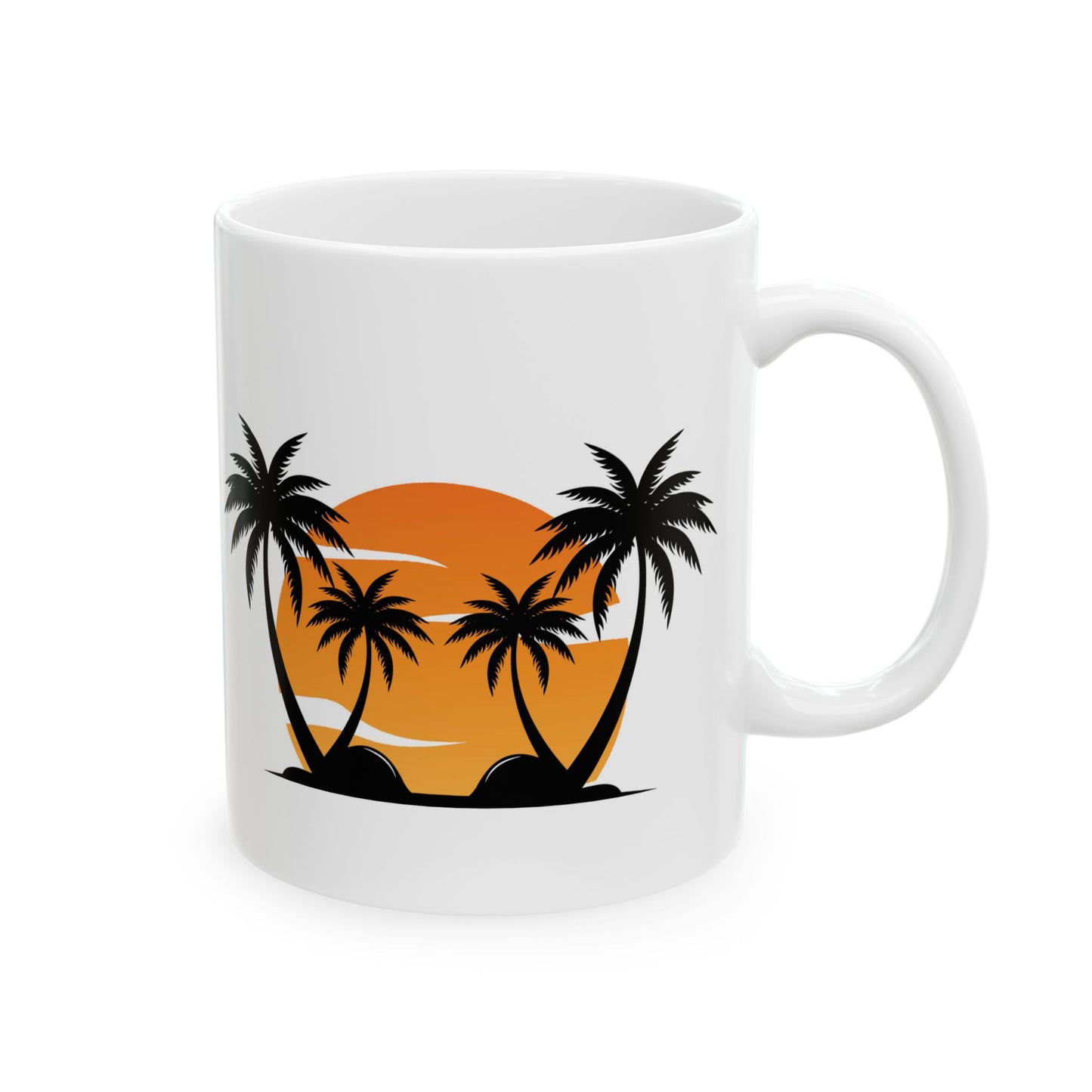 White Mug (11 oz) with Palm Trees & Setting Sun, by TokyoBill
