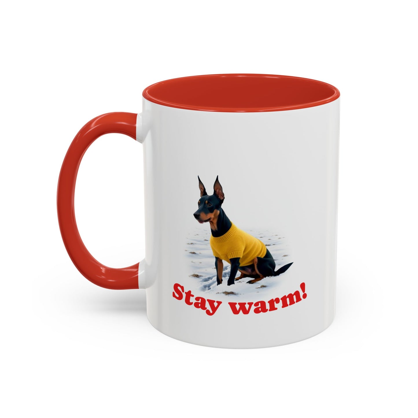 Two-tone Accent 11 oz Coffee Mug w/ Miniature Pinscher Sweater Dog, by TokyoBill