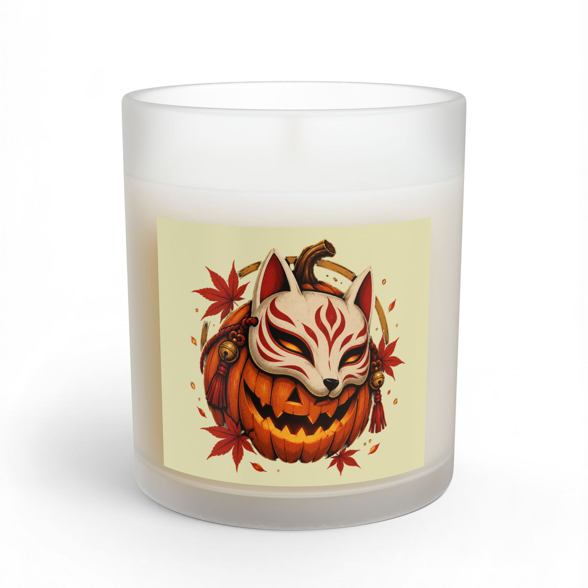 Jack o'lantern wearing Kitsune mask, Halloween soy wax candle, long burn 55-70 hours, 11oz reusable glass jar,  by TokyoBill
