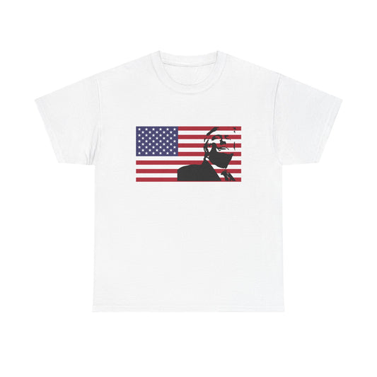 Patriotic white tee, Trump with U.S.A. flag, by TokyoBill