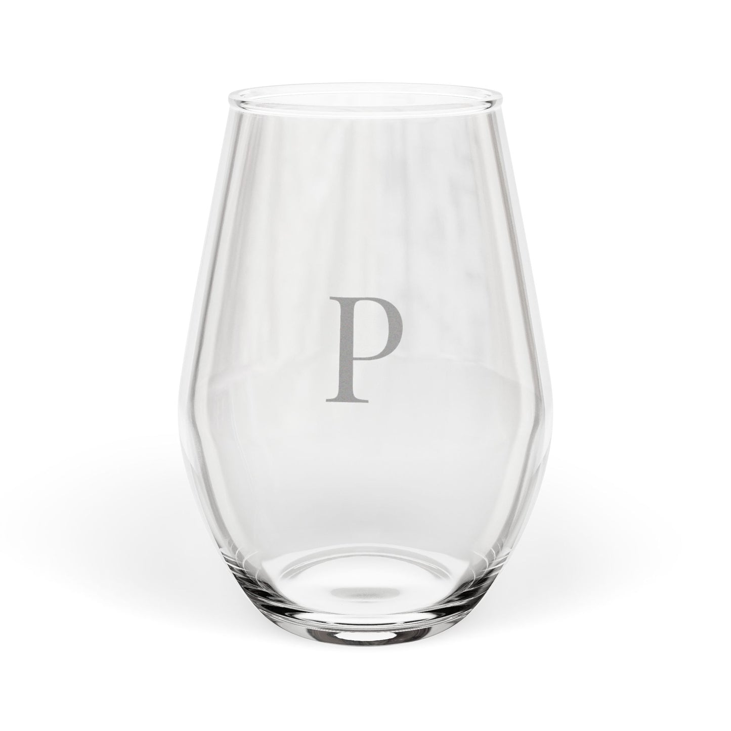 Stemless 11.75oz Wine Glass w/Letter P monogram initial, by TokyoBill