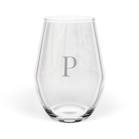 Stemless 11.75oz Wine Glass w/Letter P monogram initial, by TokyoBill