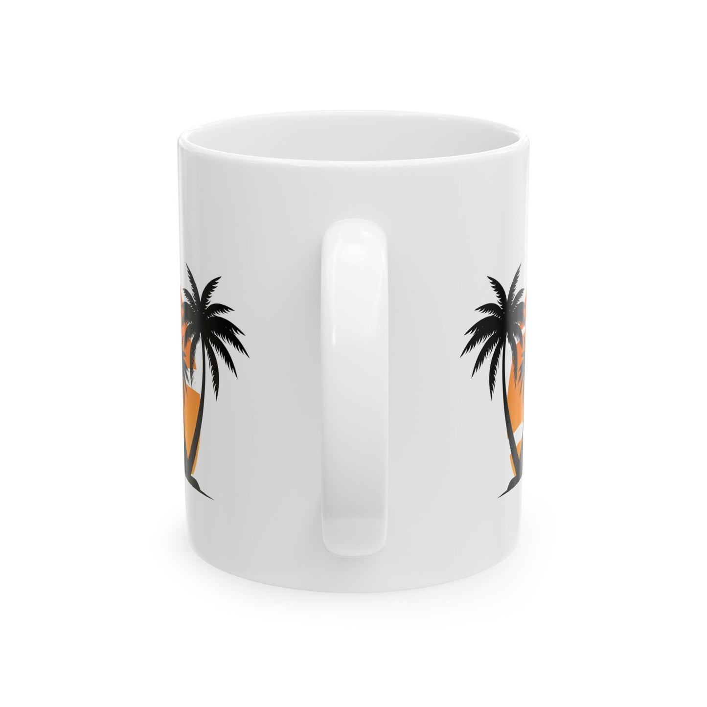 White Mug (11 oz) with Palm Trees & Setting Sun, by TokyoBill