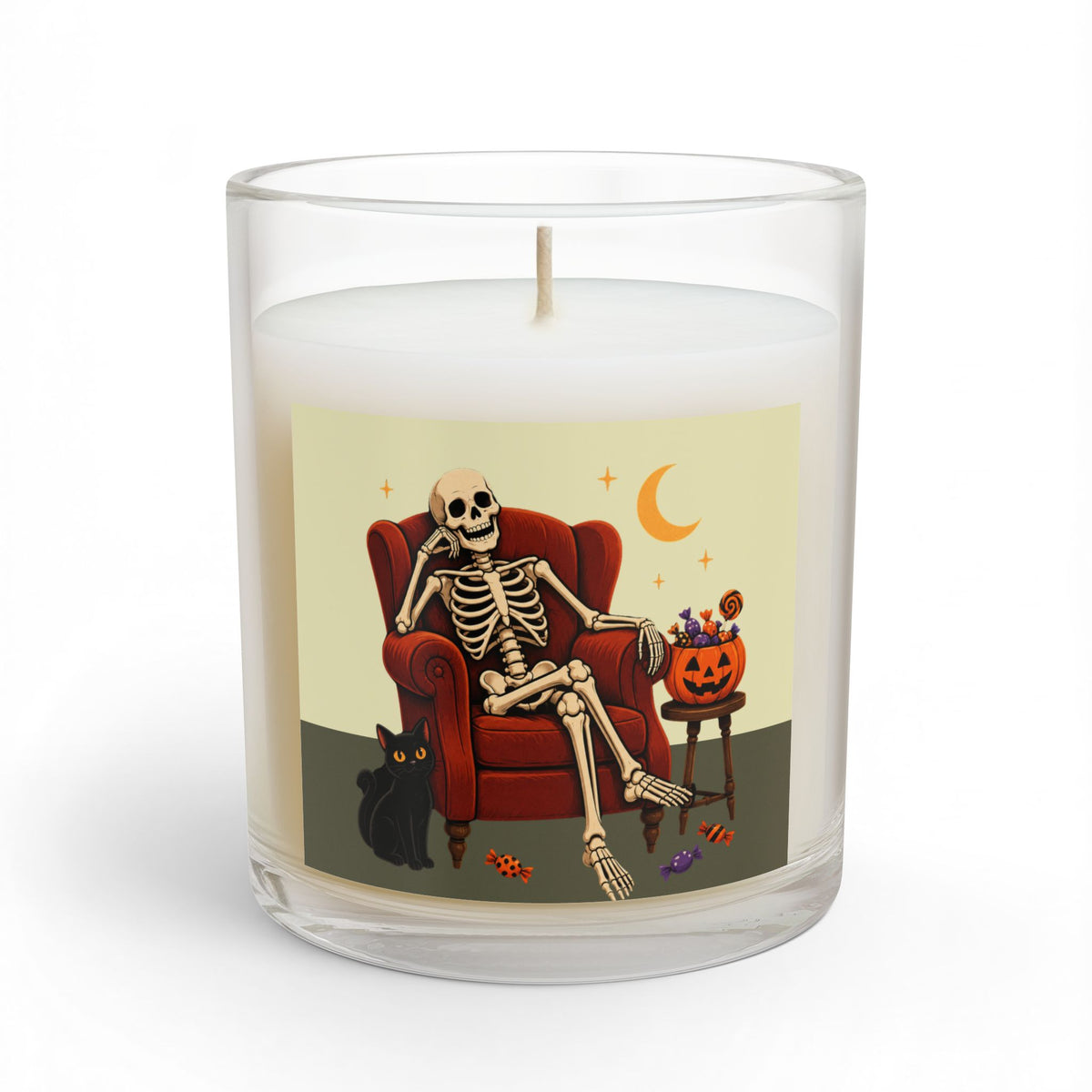 Sitting Skeleton, Halloween soy wax candle, long burn 55-70 hours, 11oz reusable glass jar,  by TokyoBill