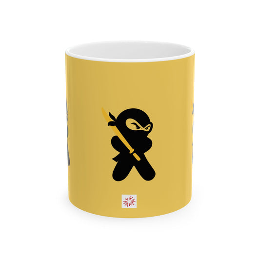 Yellow over White Ceramic Coffee/Tea Mug (11 oz) with Ninjas, by TokyoBill