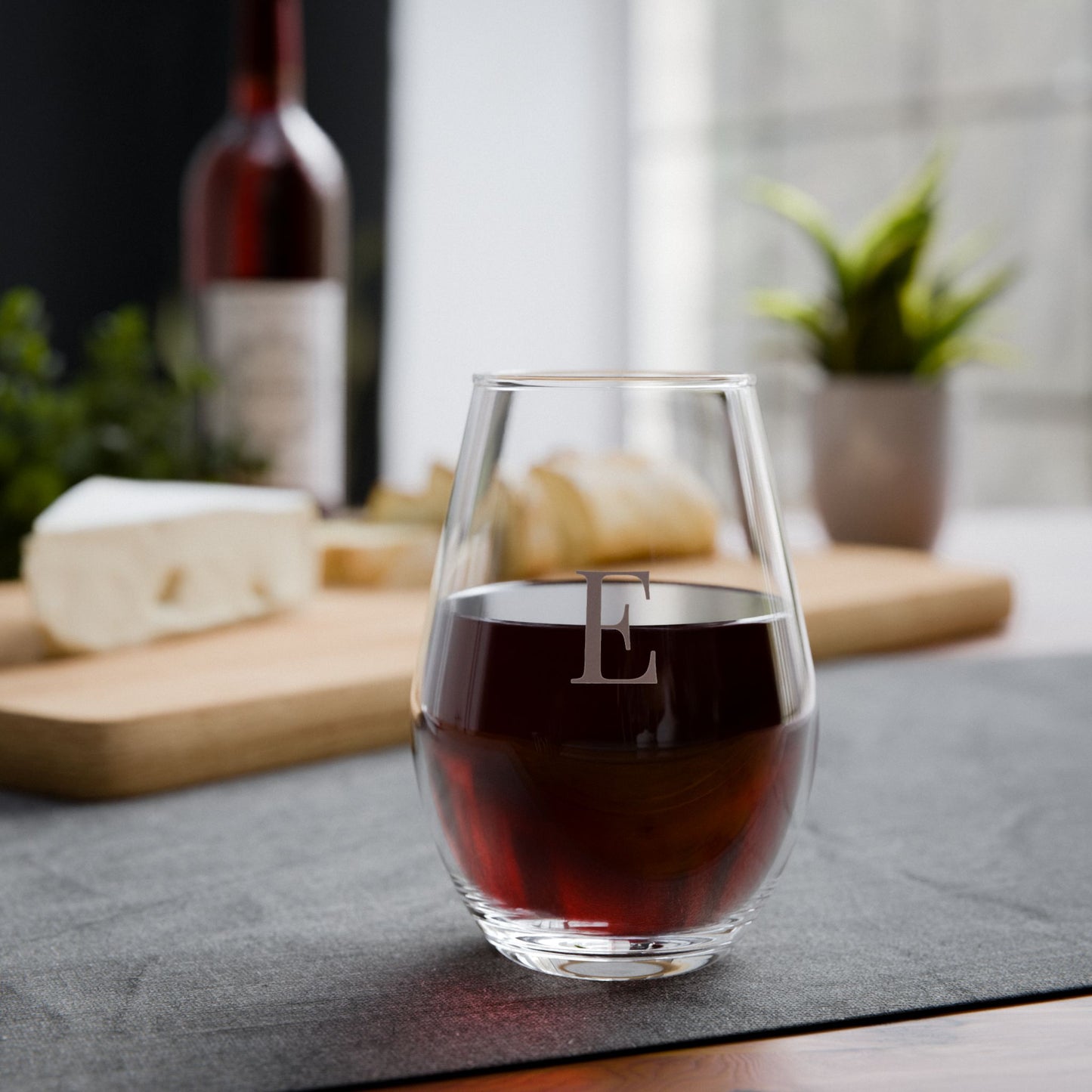 Stemless 11.75oz Wine Glass w/Letter E monogram initial, by TokyoBill