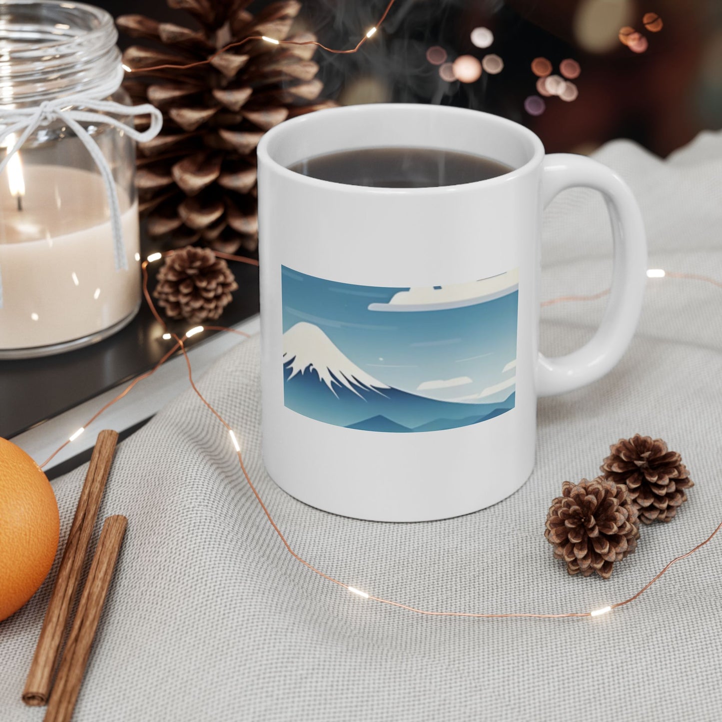 White Coffee Mug (11 oz) with Fuji Mountain & Clouds, by TokyoBill