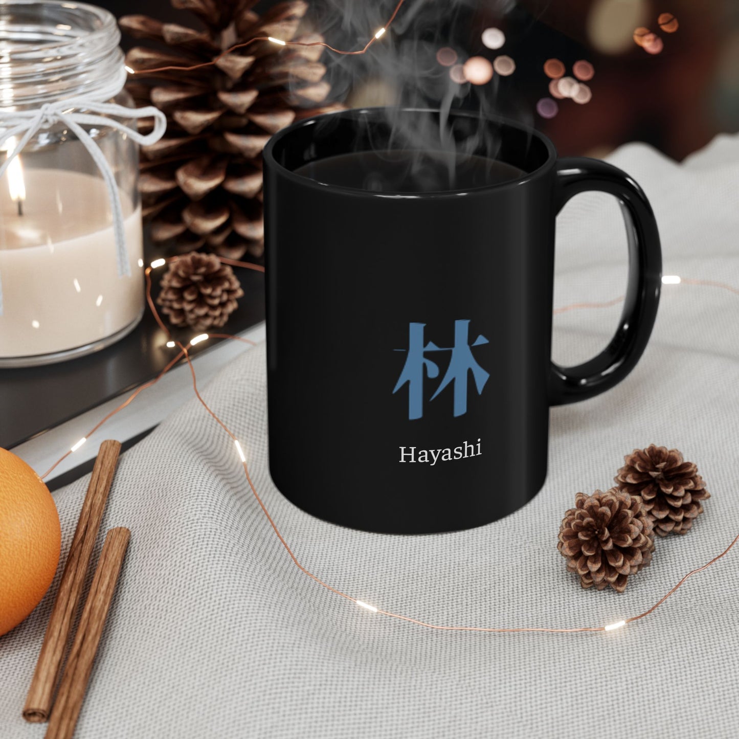 Japanese name 'Hayashi' black coffee mug, by TokyoBill
