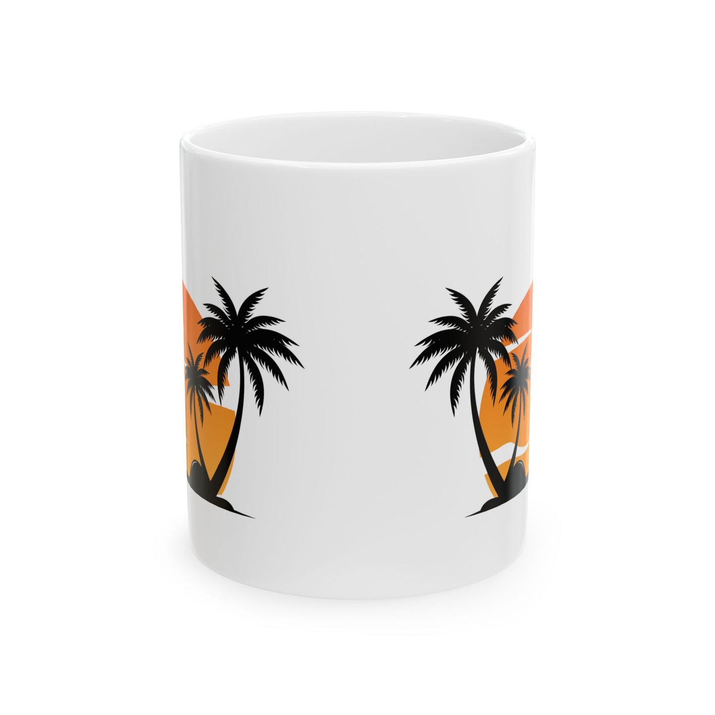White Mug (11 oz) with Palm Trees & Setting Sun, by TokyoBill
