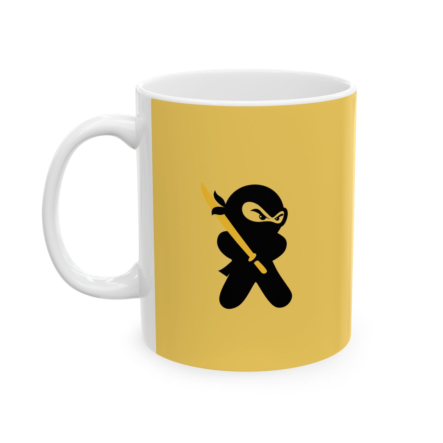 Yellow over White Ceramic Coffee/Tea Mug (11 oz) with Ninjas, by TokyoBill