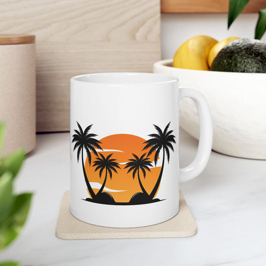 White Mug (11 oz) with Palm Trees & Setting Sun, by TokyoBill