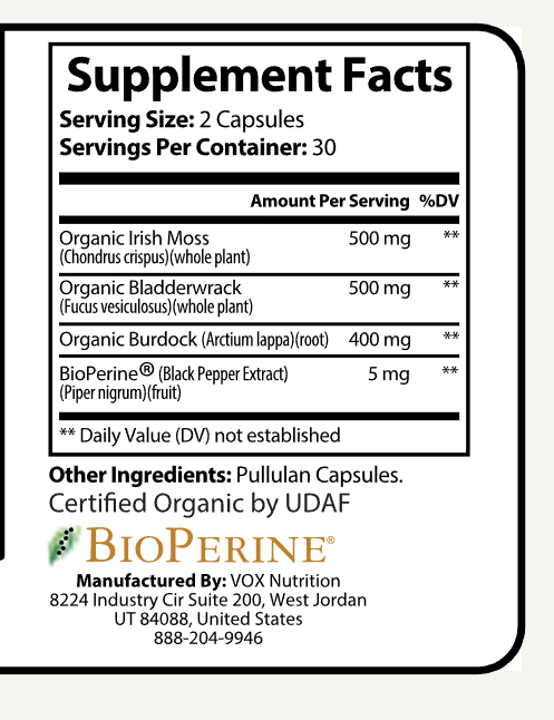 Kumoji Sea Moss Capsules – Organic Irish Moss, Burdock Root & Bladderwrack with BioPerine® | 60 Capsules | Vegan | Non-GMO | GMP Certified