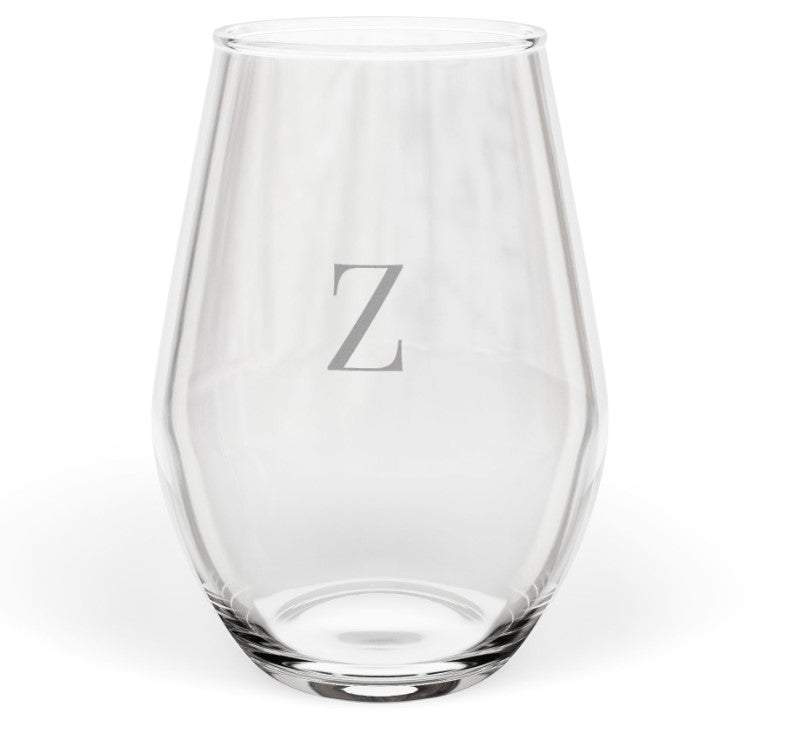 Stemless 11.75oz Wine Glass w/Letter monogram initial, by TokyoBill