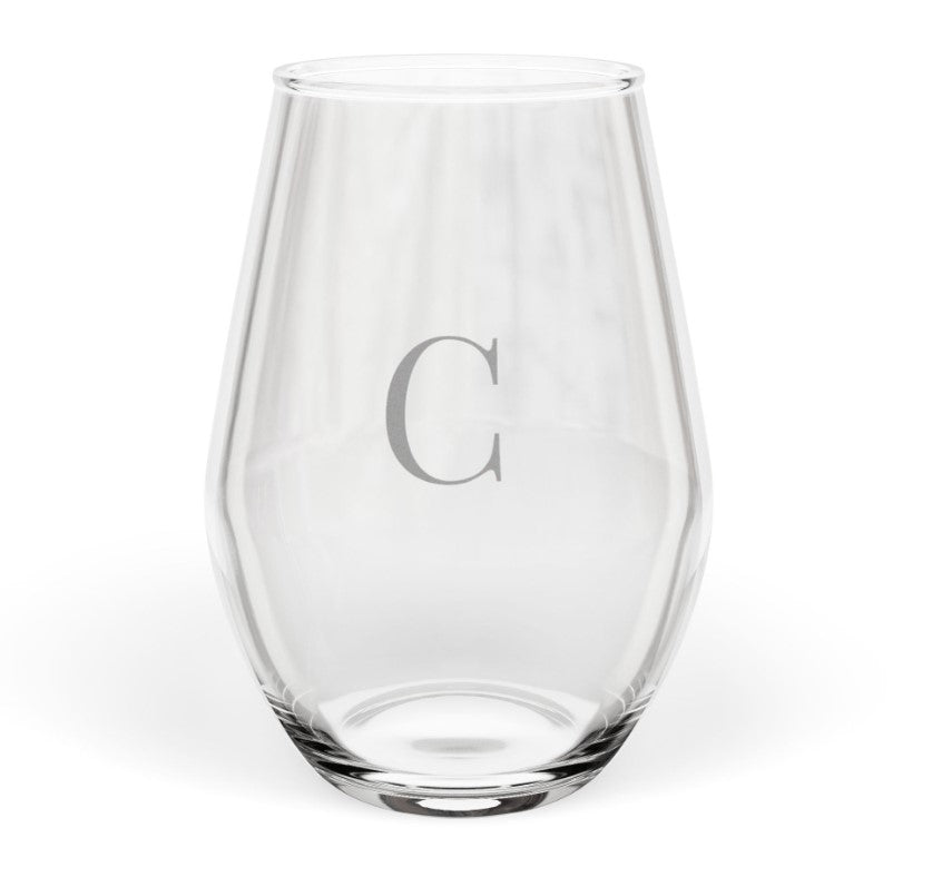 Stemless 11.75oz Wine Glass w/Letter monogram initial, by TokyoBill