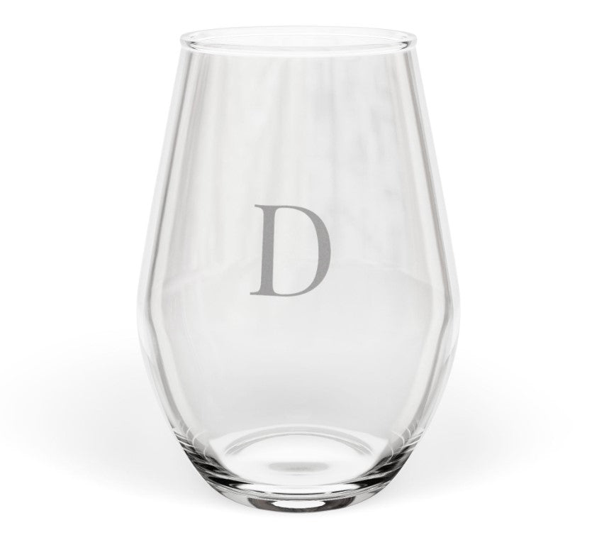 Stemless 11.75oz Wine Glass w/Letter monogram initial, by TokyoBill